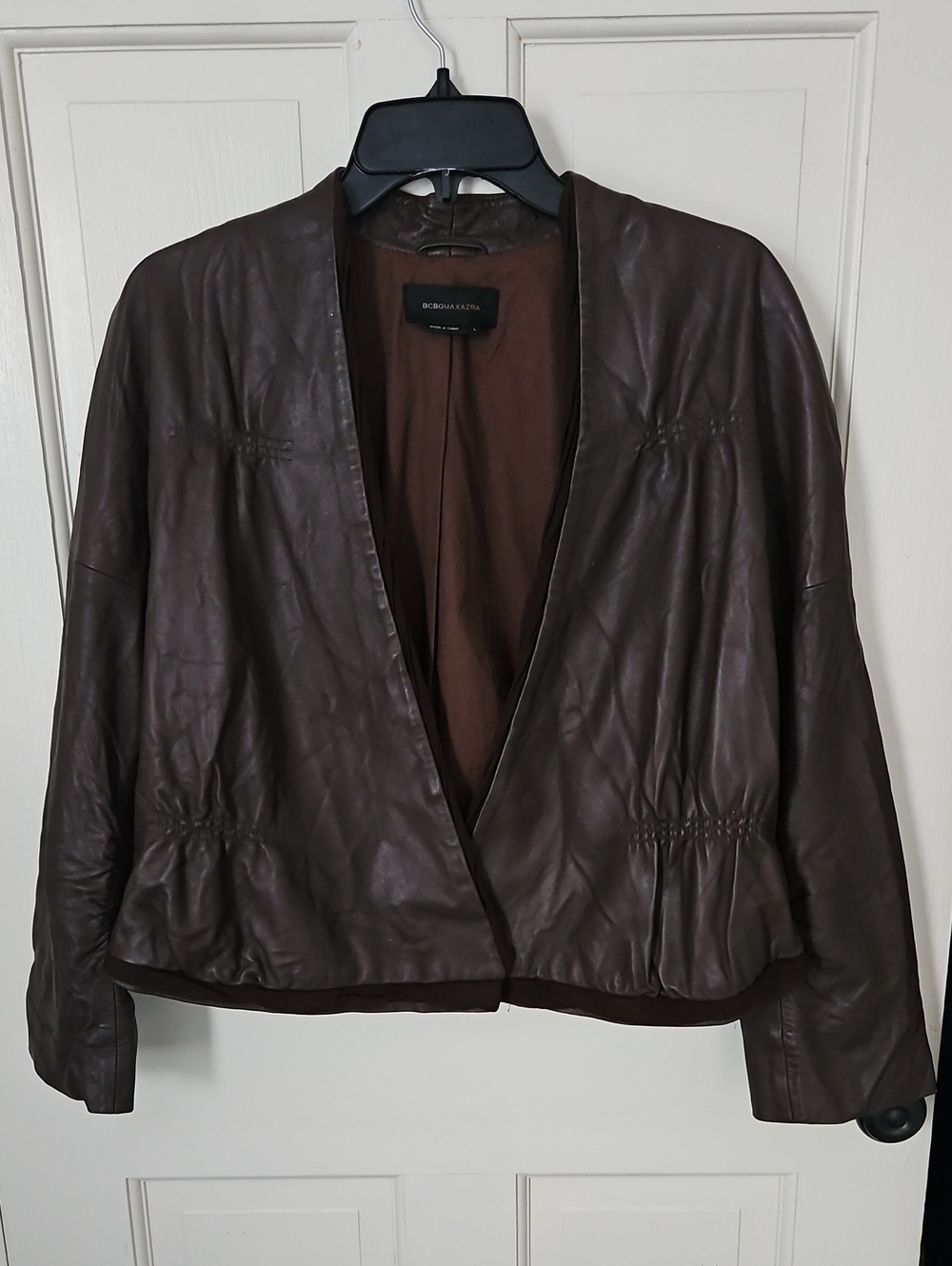 BCBG Max Azria Brown Leather Open-Front Jacket With Silk Trim